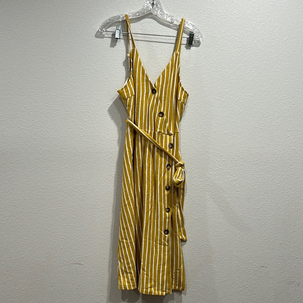 Lumiere Yellow White Striped Belted Button Dress SZ Medium